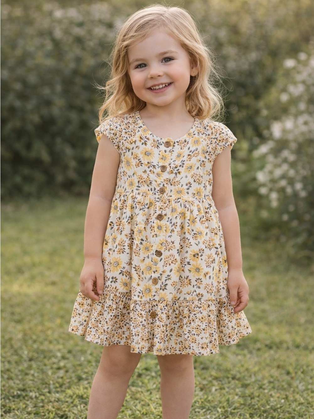 Little Lass Baby Girl Floral Button Down Dress Sz 4 Yellow Brown Daisy Ruffle